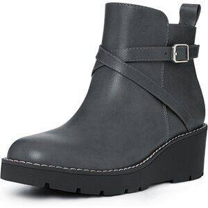 Women's Grey Wedge Ankle Boots Platform Lug Sole Buckle Zip Short Booties